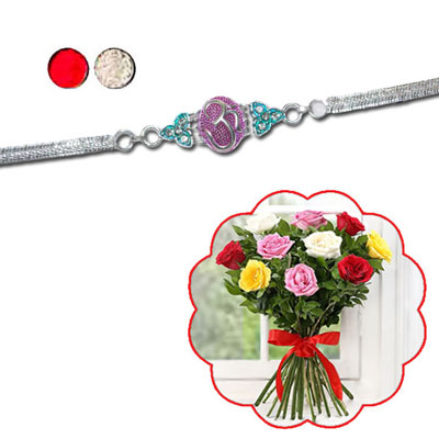 "Rakhi - SIL-6010 A (Single Rakhi), 12 Mixed roses flower bunch - Click here to View more details about this Product
